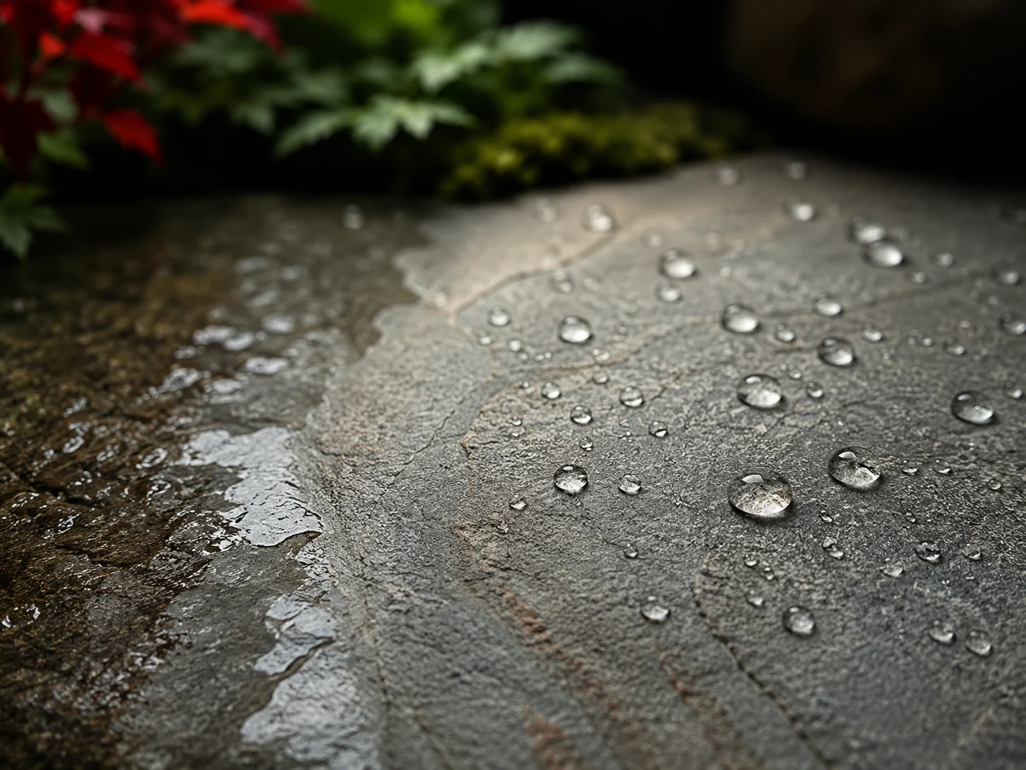 Gotas de agua sobre una superficie de piedra protegida